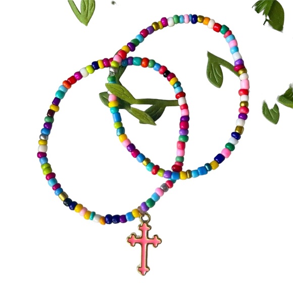 Handmade Colorful Glass Beaded Anklet Set with Cross - Picture 3 of 3